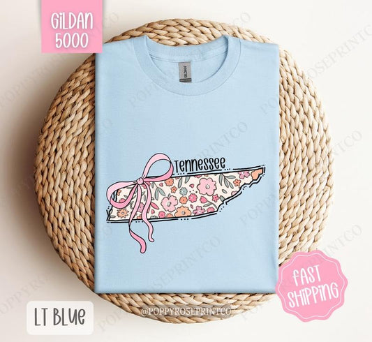 Tennessee Floral Bow Gildan T-shirt, Cute Trendy Tee, State Coquette Oversized Top Hoodie, Sweatshirt | WearSparks.com