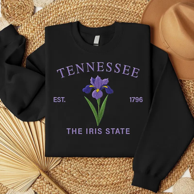 Tennessee Iris Embroidered State Flower Sweatshirt, Hometown Embroidered Shirt, Favorite Flower Embroidered Shirt Hoodie