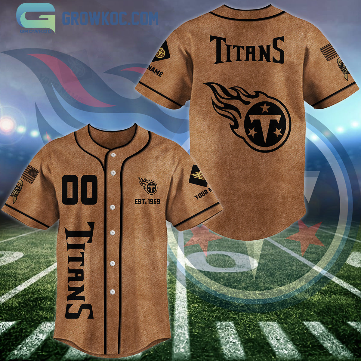 Tennessee Titans Brown American Flag Personalized Baseball Jersey