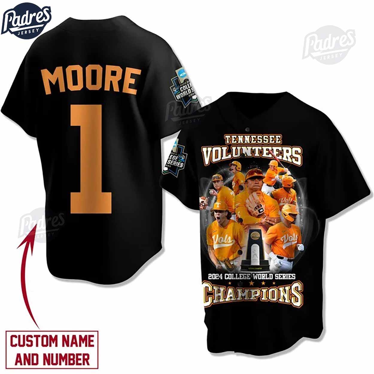 Tennessee Volunteers 2024 College World Series Champions Custom Black Baseball Jersey - Padres Jersey Oasis:... (Image 1)