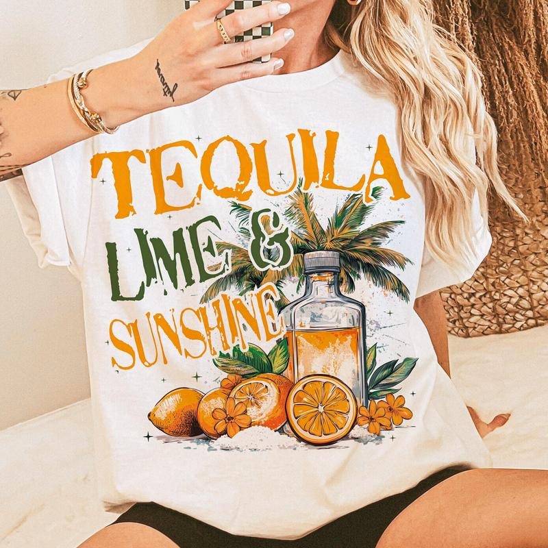 Tequila Lime and Sunshine Shirt, Funny Summer Graphic Tee, Drinking Vacation T-Shirt for Women, Beach Party Shirt Fabric...
