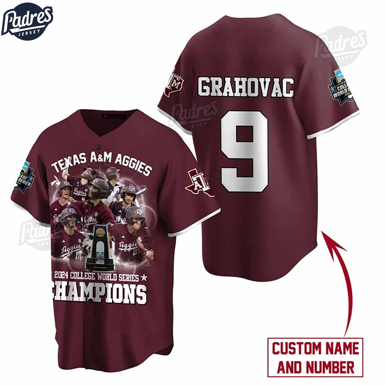Texas A&M Aggies 2024 College World Series Champions Custom Dark Red Baseball Jersey - Padres Jersey Oasis:... (Image 1)