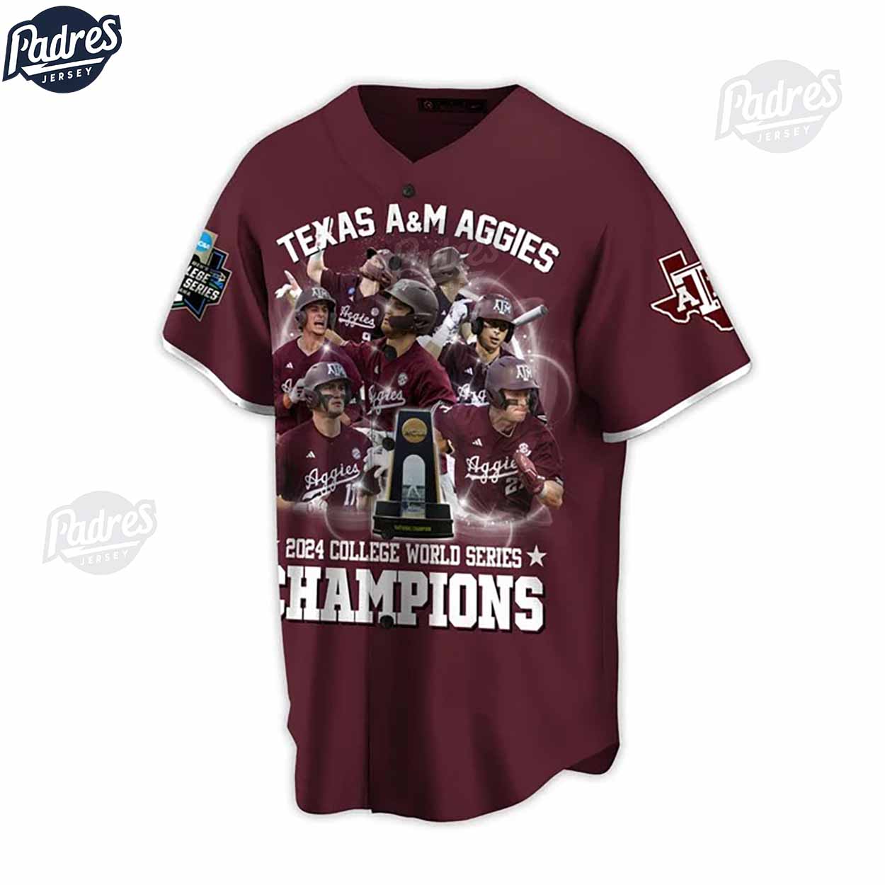 Texas A&M Aggies 2024 College World Series Champions Custom Dark Red Baseball Jersey - Padres Jersey Oasis:... (Image 2)