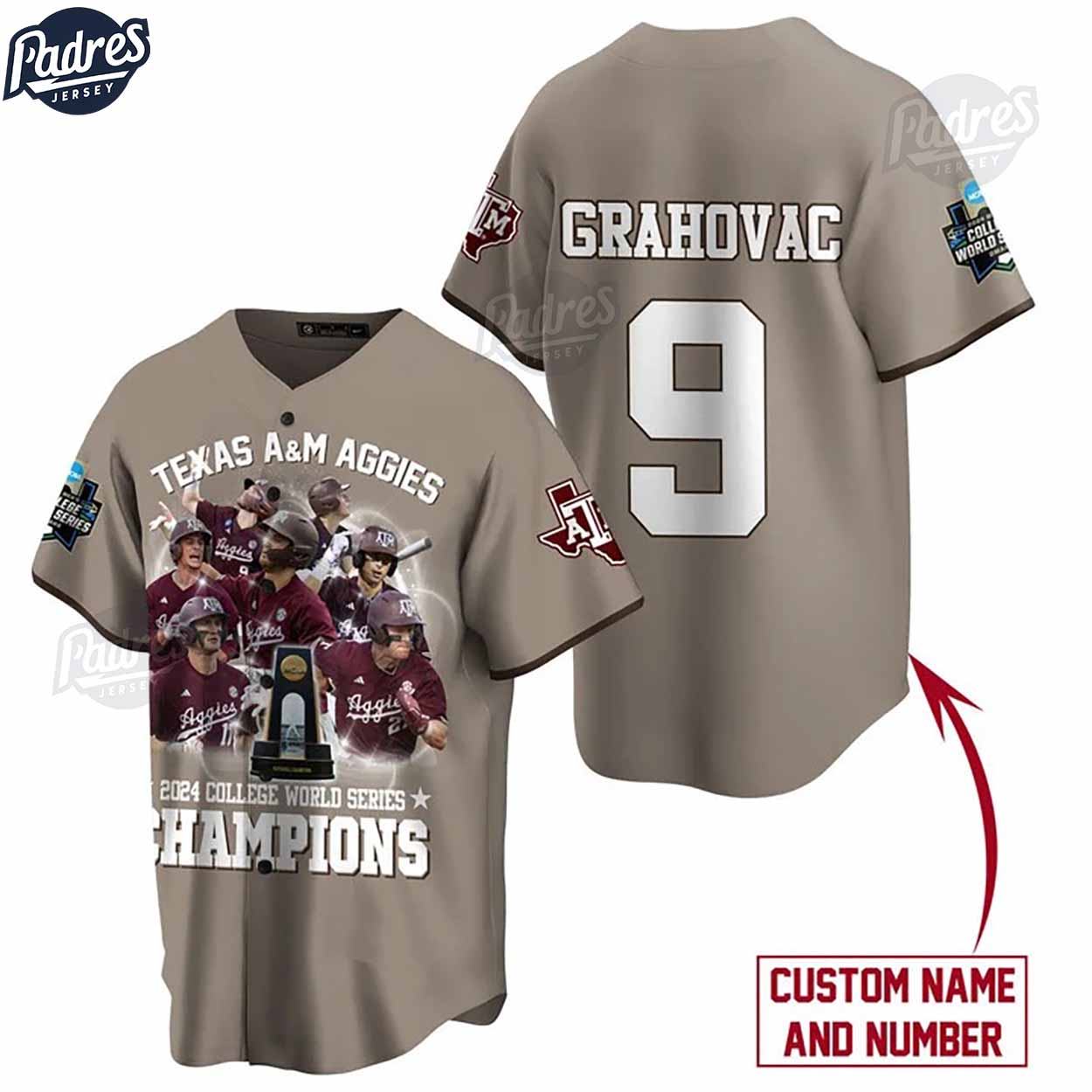 Texas A&M Aggies 2024 College World Series Champions Custom Grey Baseball Jersey - Padres Jersey Oasis: Elevate... (Image 1)