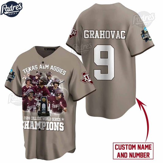 Texas A&M Aggies 2024 College World Series Champions Custom Grey Baseball Jersey - Padres Jersey Oasis: Elevate... (Image 1)