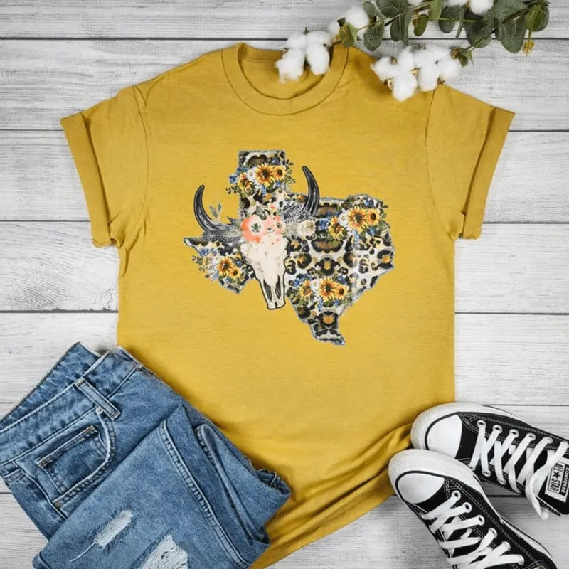Texas Cheetah Sunflower with Cow Skull Graphic T-shirt Hoodie, Sweatshirt | WearSparks.com