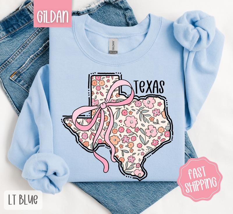 Texas Floral Bow Gildan Sweatshirt, Cute Trendy State Coquette Pullover T-Shirts, Hoodie | WearSparks.com