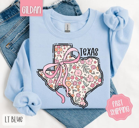 Texas Floral Bow Gildan Sweatshirt, Cute Trendy State Coquette Pullover T-Shirts, Hoodie | WearSparks.com
