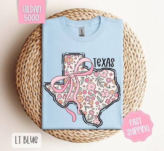 Texas Floral Bow Gildan T-shirt, Cute Trendy Tee, State Coquette Oversized Top Hoodie, Sweatshirt | WearSparks.com