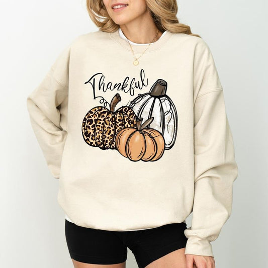 Thankful Sweatshirt, Thanksgiving Crewneck, Leopard Pumpkins Long Sleeves Pullover, Fall Vibes Sweater, Thanksgiving...