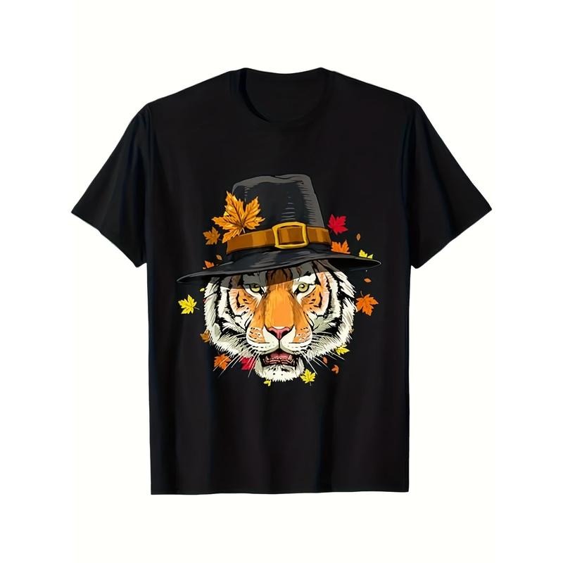Thanksgiving Tiger & Turkey Graphic Tee - Soft Cotton, Casual Fit, Machine Washable