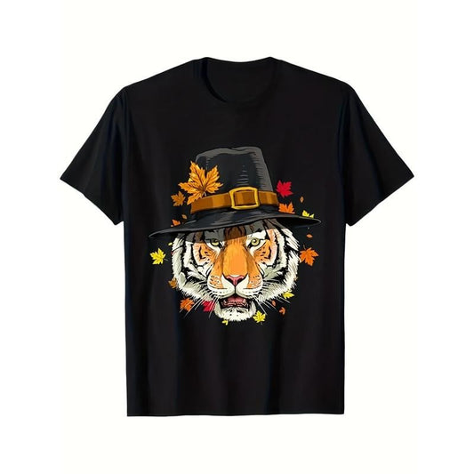Thanksgiving Tiger & Turkey Graphic Tee - Soft Cotton, Casual Fit, Machine Washable