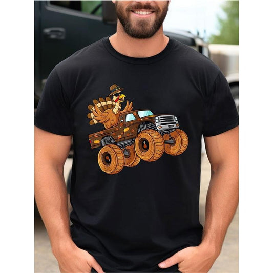 Thanksgiving Turkey Riding Monster Truck Men's Cotton Printed T-Shirt made in usa Hoodie, Sweatshirt | WearSparks.com