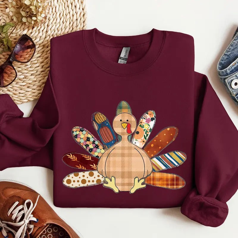 Thanksgiving Turkey, Plaid, Cute, Autumn, Patterns Sweatshirt, Crew Neck, Women's, Crewneck T-Shirts, Hoodie | WearSparks.com