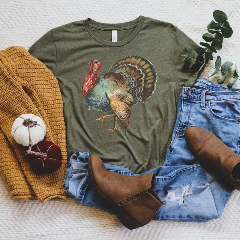 Thanksgiving Vintage Turkey Shirt Womens Fall T Shirt Fall Top Ladies Tee Thankful Shirt Mom Shirt Cotton Womenswear...