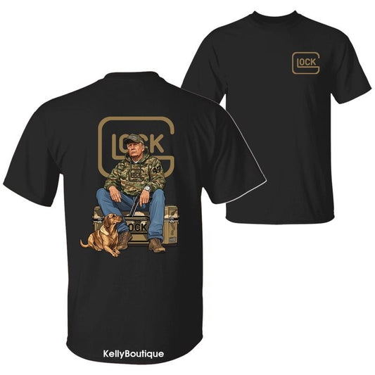 The 47th President Trump Holding a Glock Sitting Next to a Hunting Dog Shirt, Camo Hunting Season Crewneck Unisex Cotton...