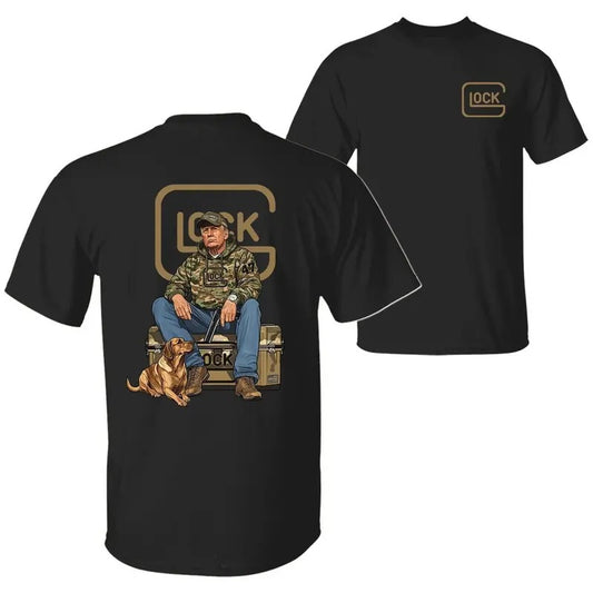 The 47th President Trump Holding a Glock Sitting Next to a Hunting Dog T-shirt, Camo Hunting Season Unisex Cotton Hoodie,...