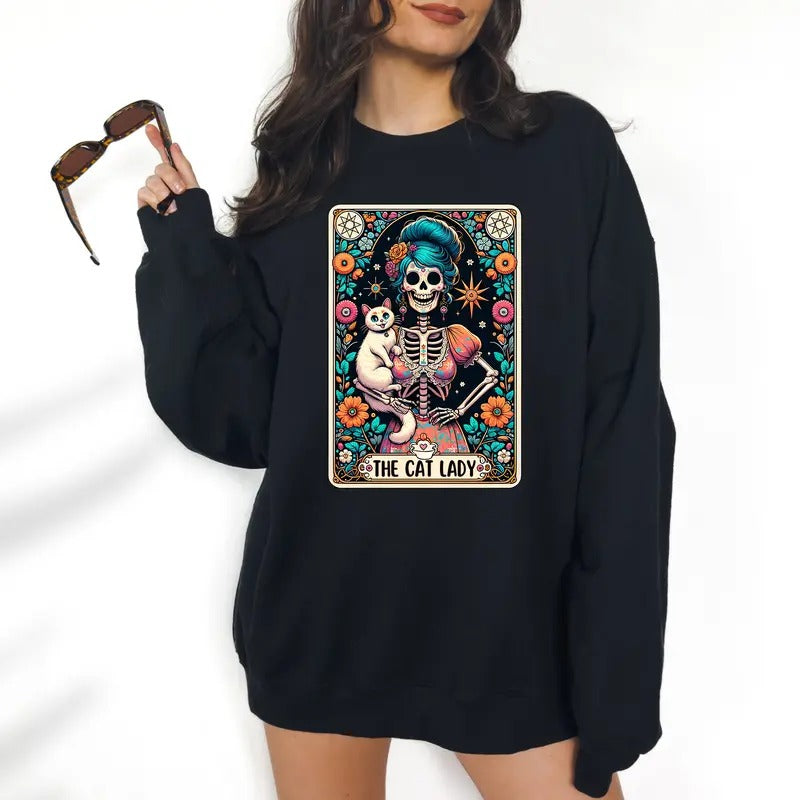 The Cat Lady - Unisex Crewneck Sweatshirt - Print is Sublimation, Tarot, Gift Idea, Relaxed Fit, Casual Apparel T-Shirts,...