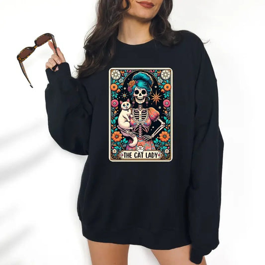 The Cat Lady - Unisex Crewneck Sweatshirt - Print is Sublimation, Tarot, Gift Idea, Relaxed Fit, Casual Apparel T-Shirts,...