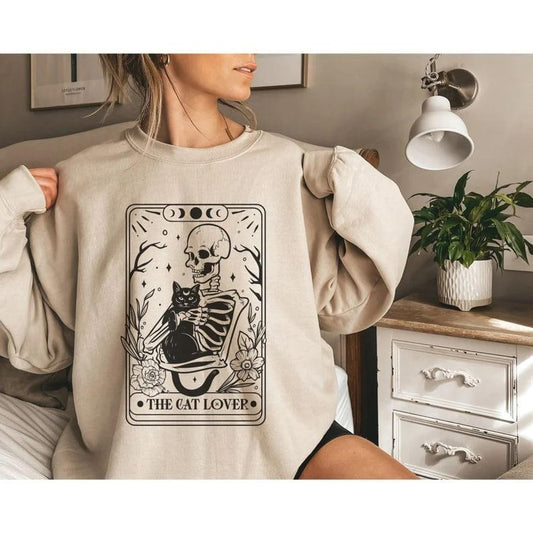 The Cat Lover Tarot Card Adult Unisex Sweatshirt | Cat Lover Skeleton Sweats | Tarot Card Sweatshirt | Trendy Vintage...