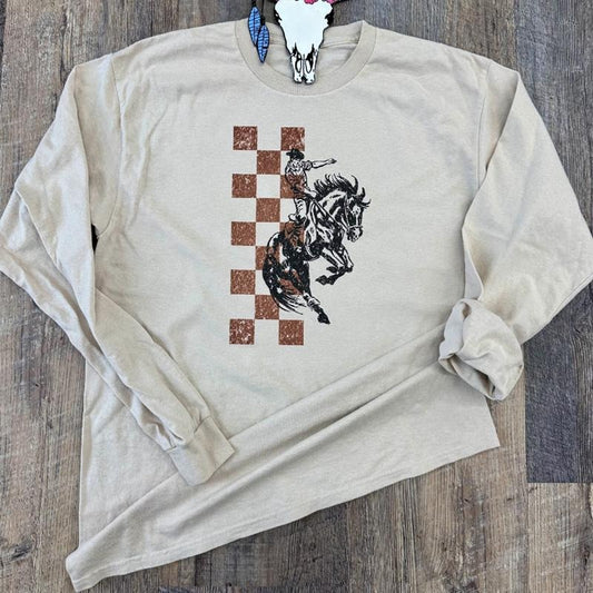 The Checkered Bronc Crewneck Sweatshirt, Cowboy Hoodies, western clothing stuff, western outfits women tops, country...