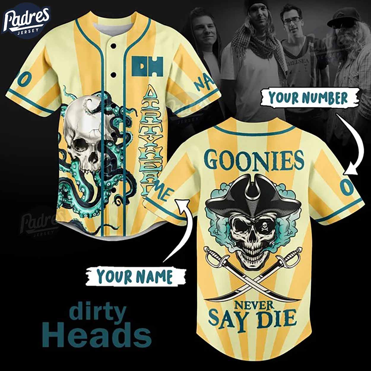 The Dirty Heads Goonies Never Say Die Custom Baseball Jersey - Padres Jersey Oasis: Elevate Your Baseball Style... (Image 1)
