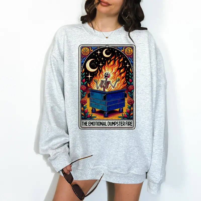 The Dumpster Fire Tarot- Unisex Crewneck Sweatshirt - Print is Sublimation, Funny Crewneck, Gift Idea, Relaxed Fit,...