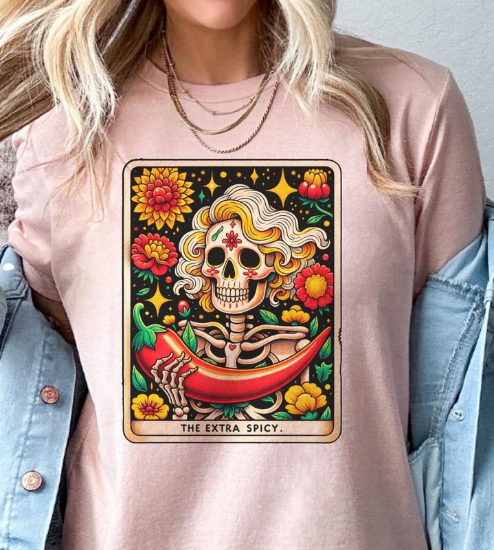 The Extra Spicy Tarot Graphic Tee Hot Pepper Skull Hippie Tshirt Casual Rocker Womens Top Hoodie, Sweatshirt | WearSparks.com