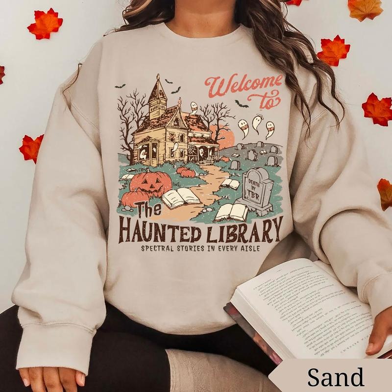 The Haunted Library Shirt, Spooky Librarian Tee, Funny Halloween Bookish Crewneck, Romance Readers Tee, Cute Spooky...