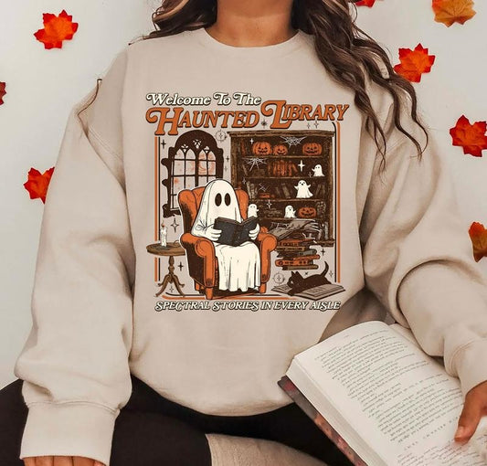 The Haunted Library Sweatshirt, Spooky Librarian Sweater, Ghost Bookish Crewneck, Halloween Readers Tee, Cute Spooky...