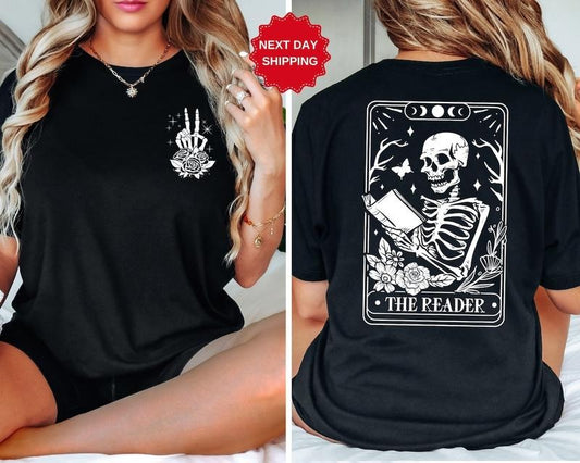 The Reader Tarot Card Front And Back Printing Shirt, Skeleton Reading T-shirt Hoodie, Sweatshirt | WearSparks.com