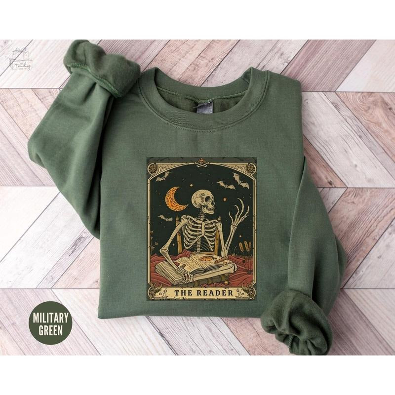 The Reader Tarot Card Shirt, Skeleton Reading Sweatshirt, Unisex Tarot Card Shirt, Book Lover Gift, Bookish Sweater,...