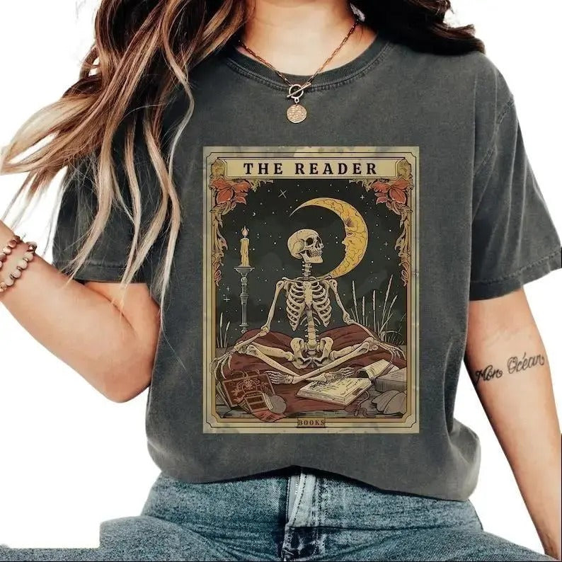 The Reader Tarot Card Shirt, throne of glass merch, Skeleton Reading Shirt,Tarot Card Shirt, Bookish Gift, Tarot Lover...