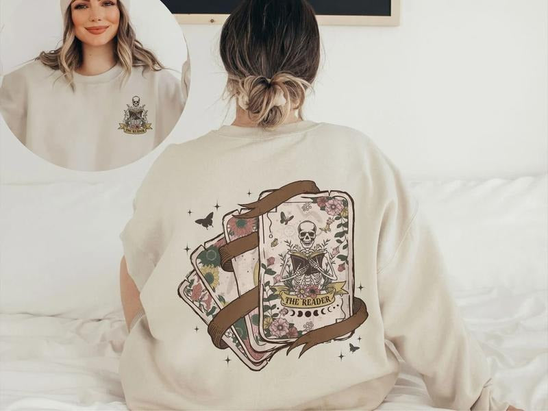 The Reader Tarot Card Sweatshirt, Skeleton Reading Hoodie, Tarot Card Womenswear Sweater, Book Lover Gift For Women, Book...