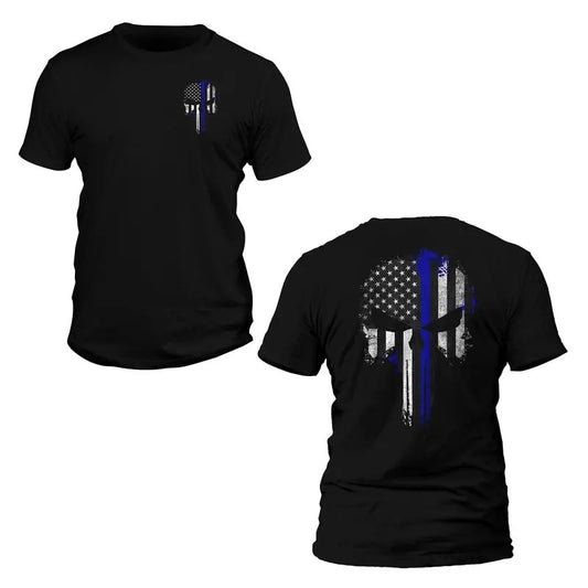 Thin Blue Line Flag Skull Police Front & Back Print T-Shirt Hoodie, Sweatshirt | WearSparks.com