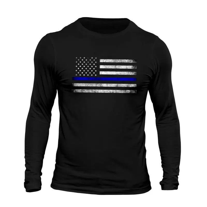 Thin Blue Line Flag USA Police Long Sleeve Men's T-Shirt Casual Classic Hoodie, Sweatshirt | WearSparks.com