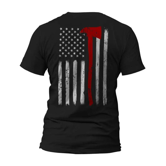 Thin Red Line Flag Axe Design US Firefighter Front or Back Print T-Shirt Classic Menswear Tee Hoodie, Sweatshirt