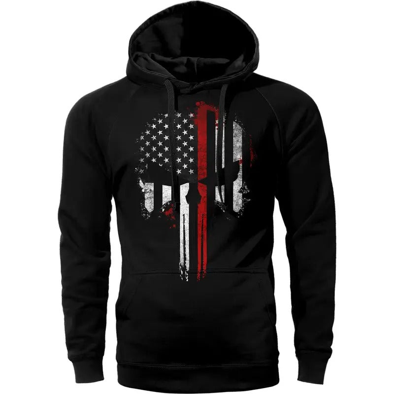 Thin Red Line Flag Skull USA Firefighter Hoodie Sweatshirt Cotton Fabric T-Shirts | WearSparks.com