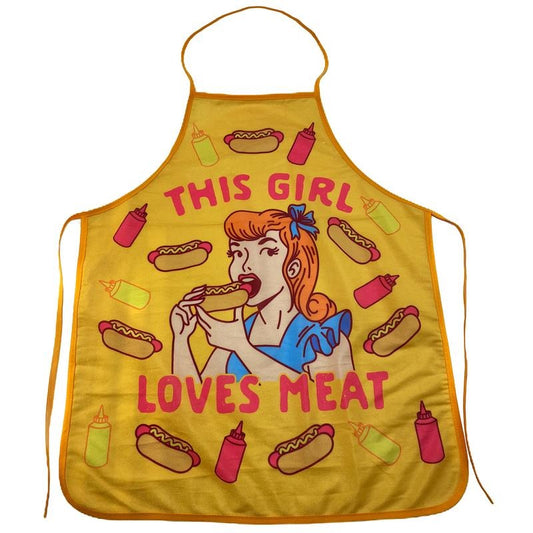 This Girl Loves Meat Apron Funny Hot Dog Backyard Bar-B-Que Grilling Kitchen Smock Funny Graphic Kitchenwear Funny Food ...