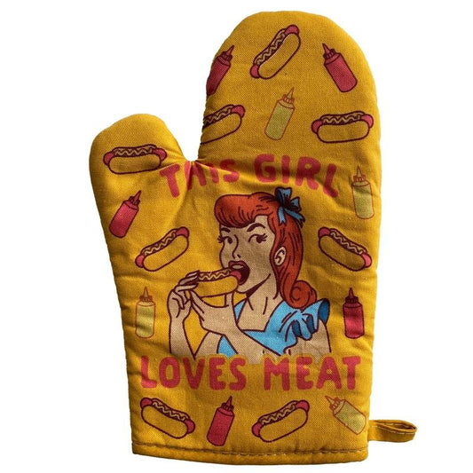 This Girl Loves Meat Oven Mitt Funny Sarcastic Backyard BBQ Bar-b-que Cookout Kitchen Glove Funny Graphic Kitchenwear...