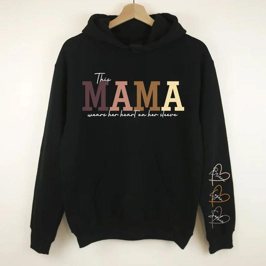 This Mama Wears Her Heart On Her Sleeve Hoodie, Personalized Mama Sweatshirt Names On Sleeve, Mother's Day Gift Mom Heart...