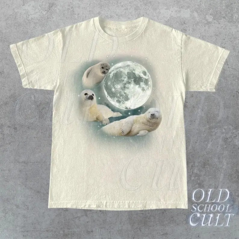 Three Baby Seal Vintage Graphic T-shirts, Retro Sea Dog Moon Tshirt, Seal Lovers, Cute Sea Dog Tee, Relaxed Washed Unisex...