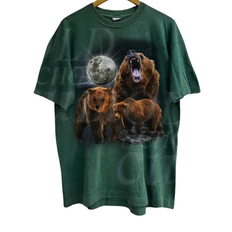 Three Bears Vintage 90s Graphic T-shirts, Retro Alpha Moon Tshirt, Nature Bear Lovers Gift, Relaxed Washed Shirt, Unisex...