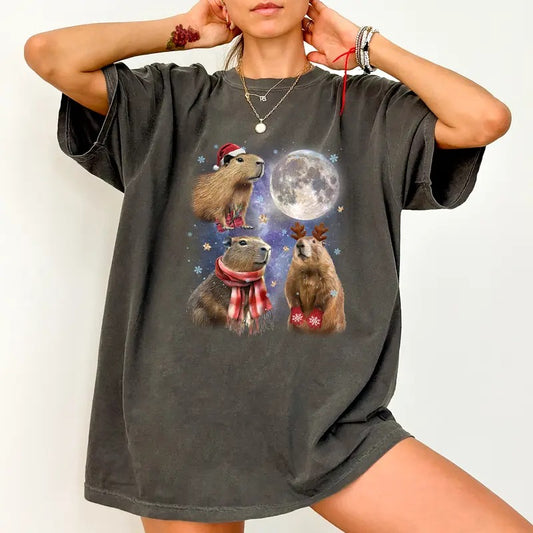 Three Capybara Vintage Shirt Comfort Colors, Funny Capybara Crewneck Women Tee, Capybara Lovers Gifts, Xmas Capybara Moon...