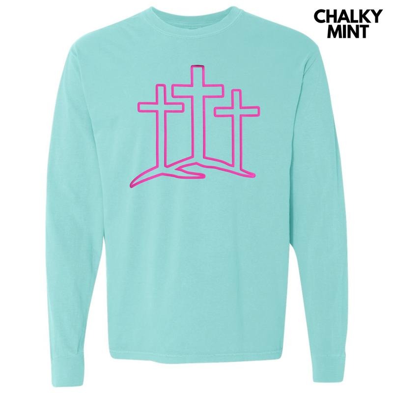 Three Crosses Pink Puff Long Sleeve Comfort Colors T-Shirt Hoodie, Sweatshirt | WearSparks.com
