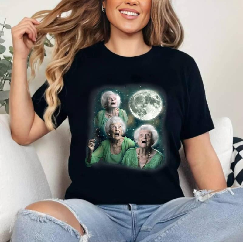 Three Granny Moon 3 Old Ladys Howling Weird Cursed Meme T-Shirt , Unisex Cotton, Crewneck, Top Womenswear Hoodie, Sweatshirt
