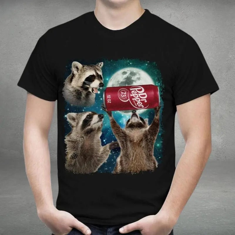 Three Racc00ns Dr Pepper Vintage Graphic T-shirts, Retro Racc00n Moon Tshirt, Funny Racccon Tee, Oversized Gifts,...