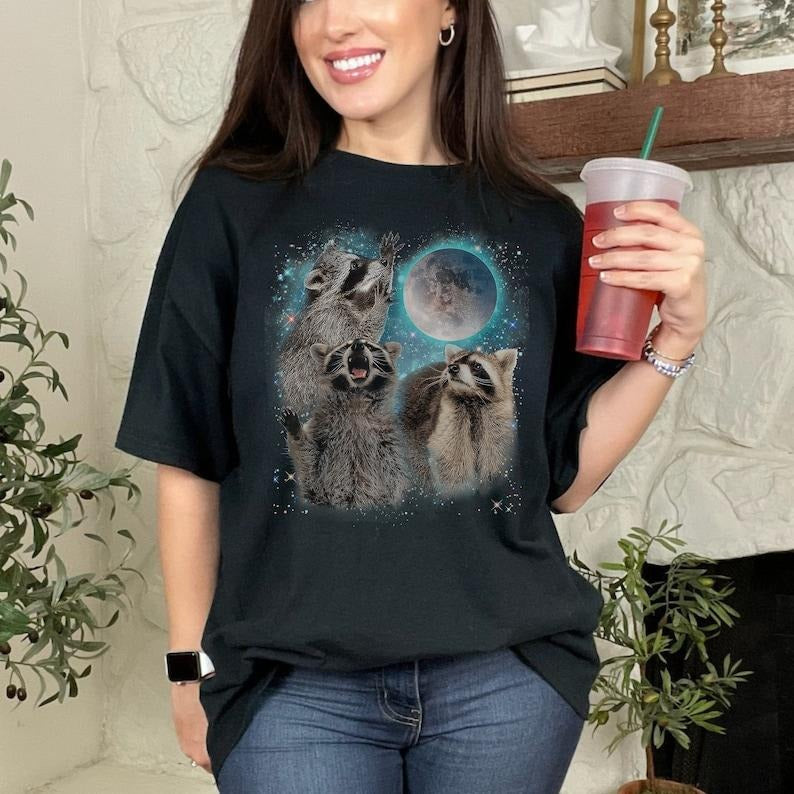 Three Raccoons Vintage Graphic T-shirts, Retro Raccoon Moon Tshirt, Raccoon Lovers, Funny Raccoon Tee, Raccoon Ironic...