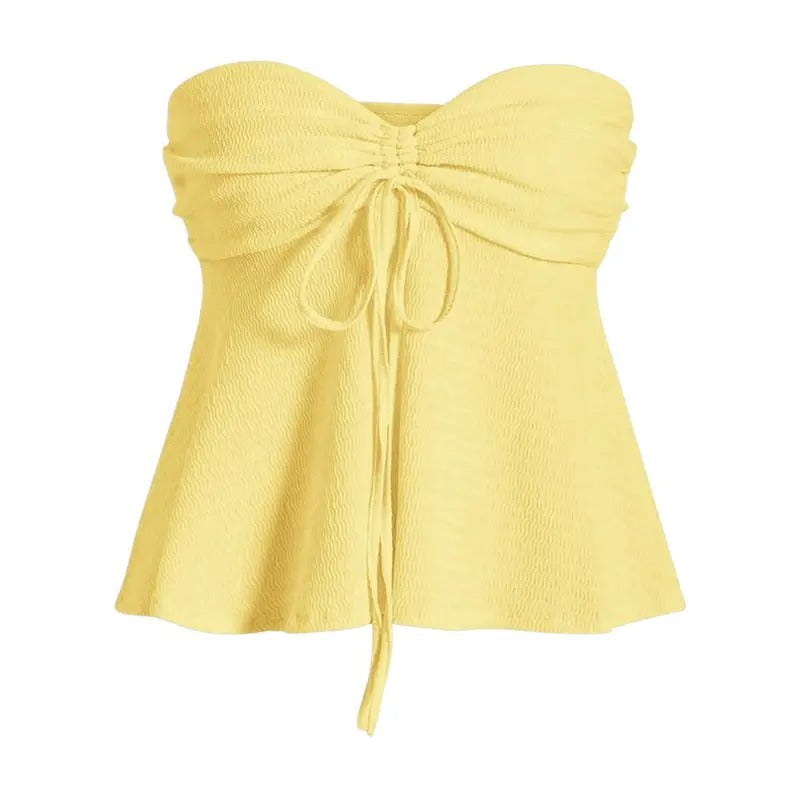 Tie Front Ruched Tube Top Strapless Flared Hem Peplum Bandeau Tops T-Shirts, Hoodie, Sweatshirt | WearSparks.com