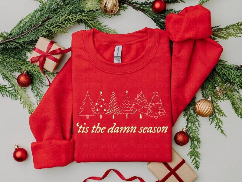 Tis The Damn Season Green Tree Embroidered Christmas Sweater, Christmas Crewneck, Christmas Tree Sweatshirt, Winter...